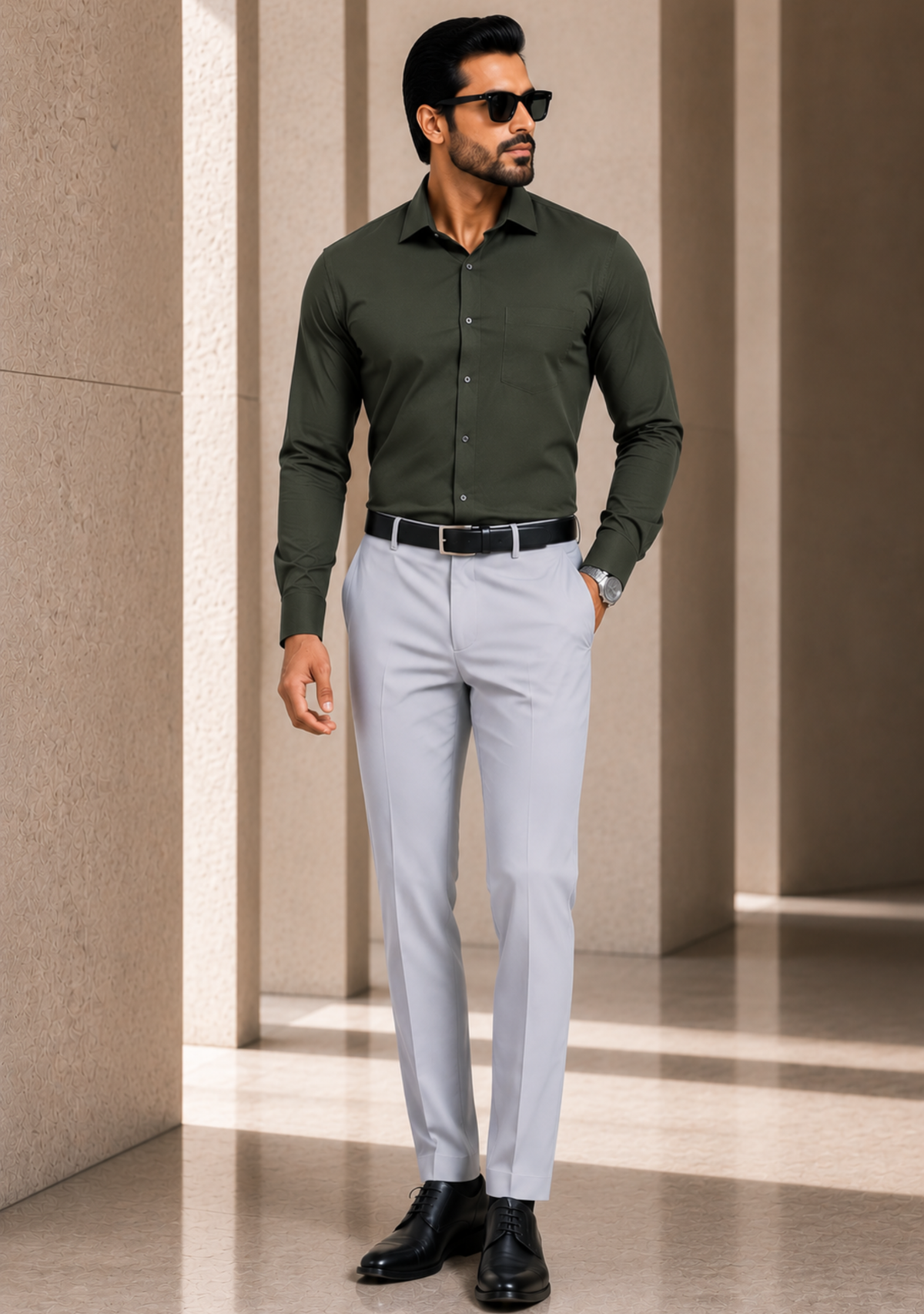 Premium Combo - Olive Green Shirt + Light Grey Pant - Set Of 2