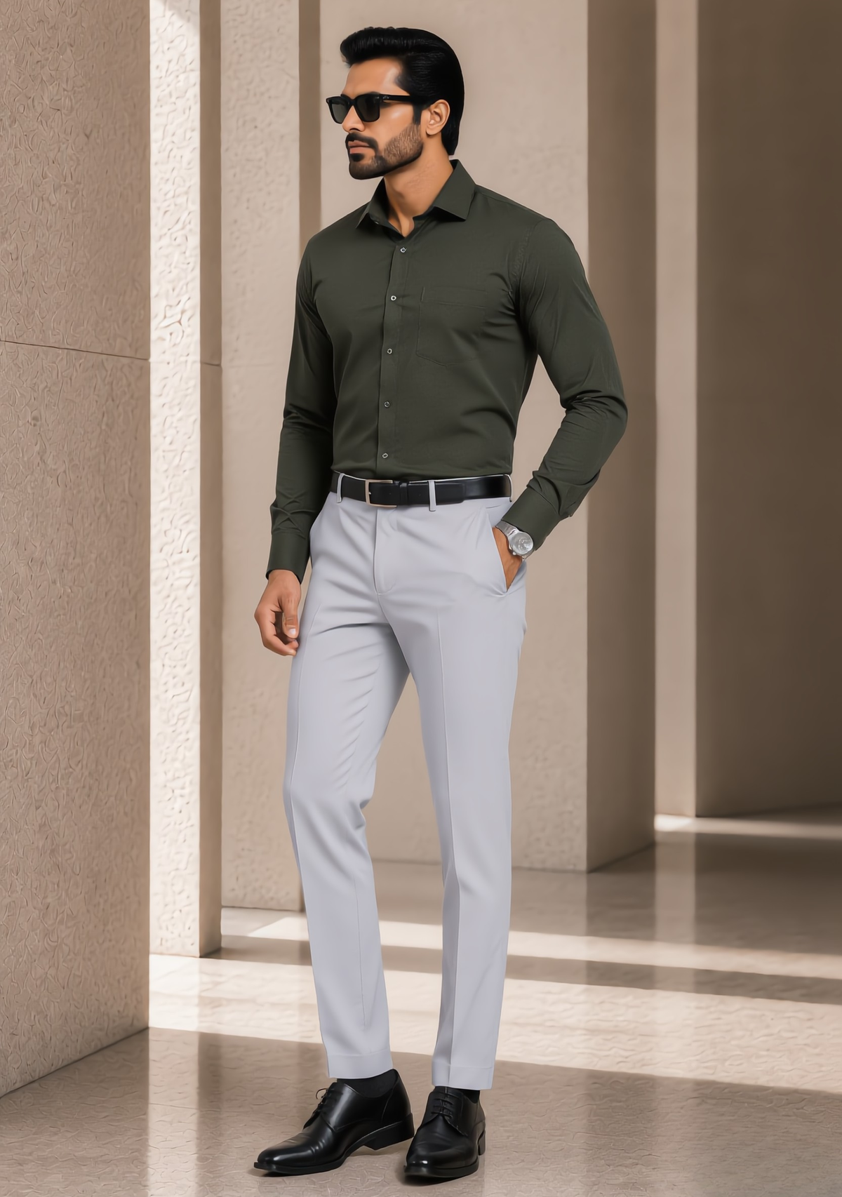 Premium Combo - Olive Green Shirt + Light Grey Pant - Set Of 2