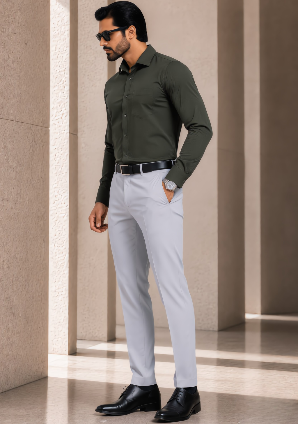 Premium Combo - Olive Green Shirt + Light Grey Pant - Set Of 2
